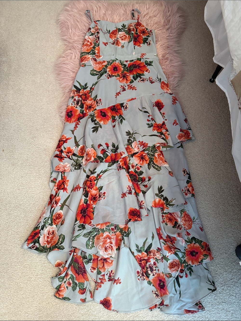 Leith Floral Tiered Maxi Dress in Light Blue with Orange Floral Print
